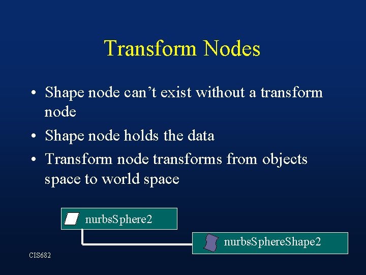 Transform Nodes • Shape node can’t exist without a transform node • Shape node Transform Nodes • Shape node can’t exist without a transform node • Shape node