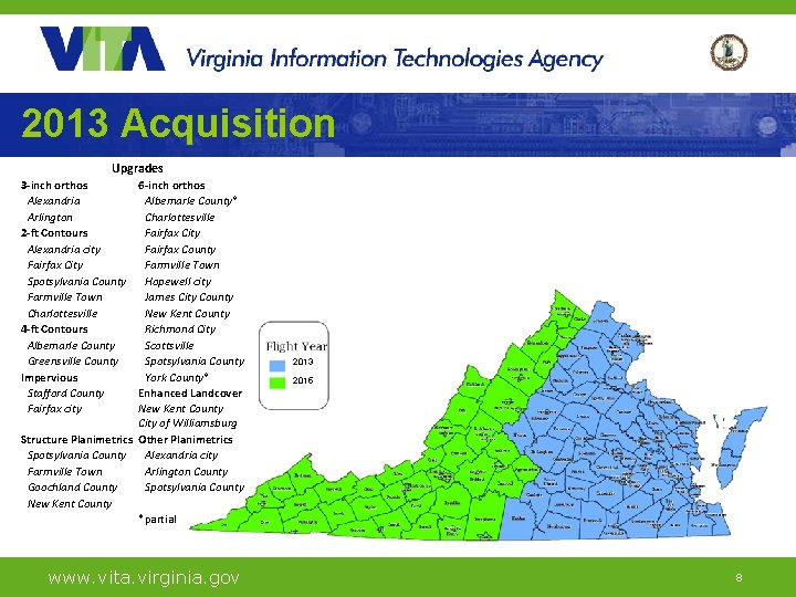 2013 Acquisition Upgrades 3 -inch orthos 6 -inch orthos Alexandria Albemarle County* Arlington Charlottesville