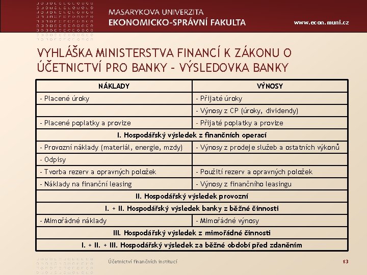 www. econ. muni. cz VYHLÁŠKA MINISTERSTVA FINANCÍ K ZÁKONU O ÚČETNICTVÍ PRO BANKY –