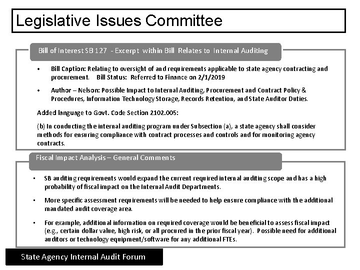 Legislative Issues Committee Chair Bill of Interest SB 127 - Excerpt within Bill Relates