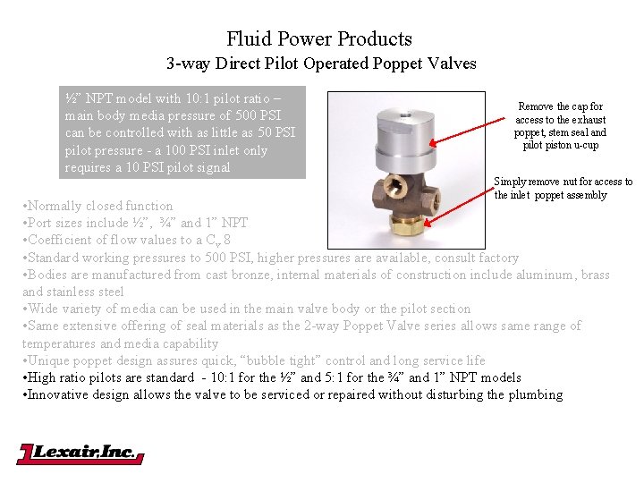Fluid Power Products 3 -way Direct Pilot Operated Poppet Valves ½” NPT model with