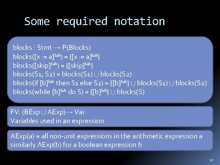 Some required notation blocks : Stmt P(Blocks) blocks([x : = a]lab) = {[x :