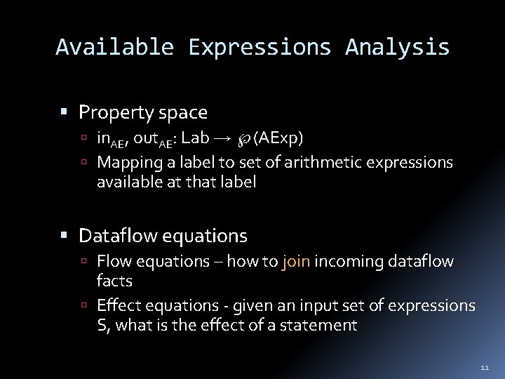 Available Expressions Analysis Property space in. AE, out. AE: Lab (AExp) Mapping a label