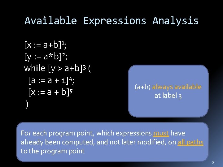 Available Expressions Analysis [x : = a+b]1; [y : = a*b]2; while [y >