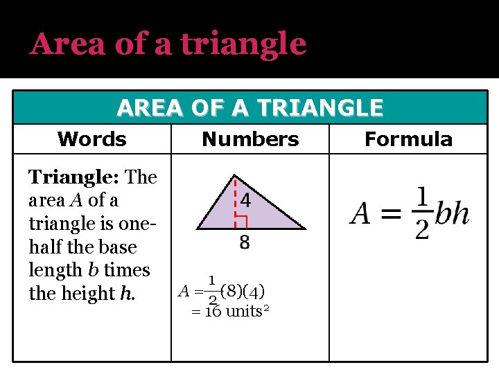 Area of a triangle AREA OF A TRIANGLE Words Triangle: The area A of