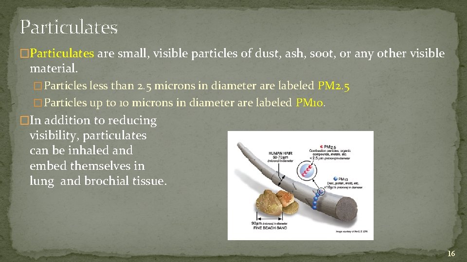 Particulates �Particulates are small, visible particles of dust, ash, soot, or any other visible