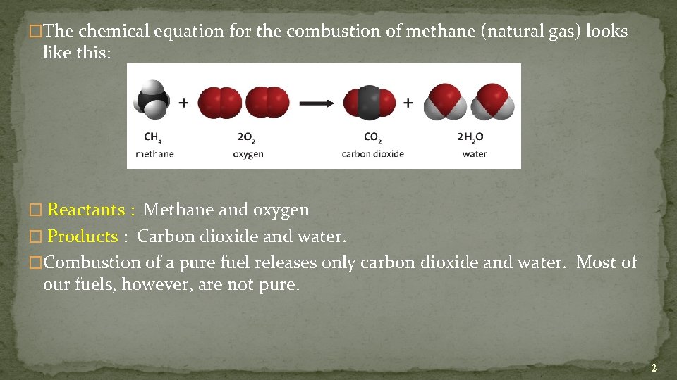 �The chemical equation for the combustion of methane (natural gas) looks like this: �
