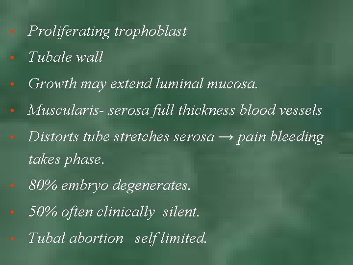  • Proliferating trophoblast • Tubale wall • Growth may extend luminal mucosa. •