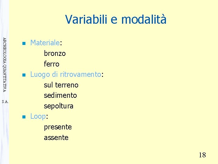 Variabili e modalità ARCHEOLOGIA QUANTITATIVA n n S. A. n Materiale: bronzo ferro Luogo