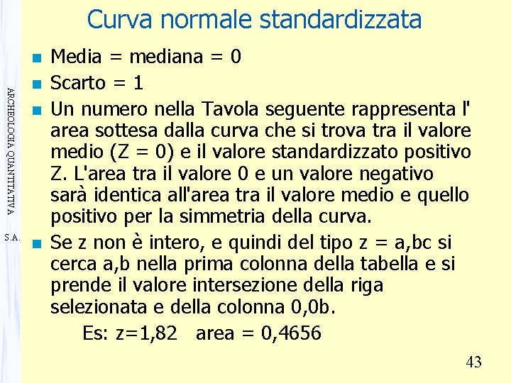 Curva normale standardizzata n ARCHEOLOGIA QUANTITATIVA S. A. n n n Media = mediana