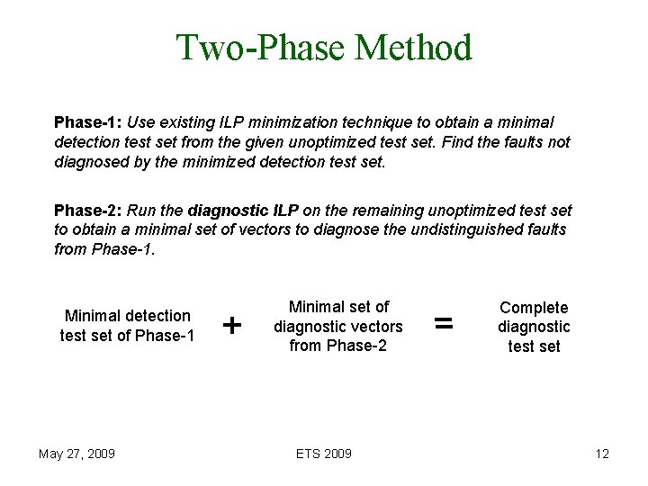 Two-Phase Method Phase-1: Use existing ILP minimization technique to obtain a minimal detection test