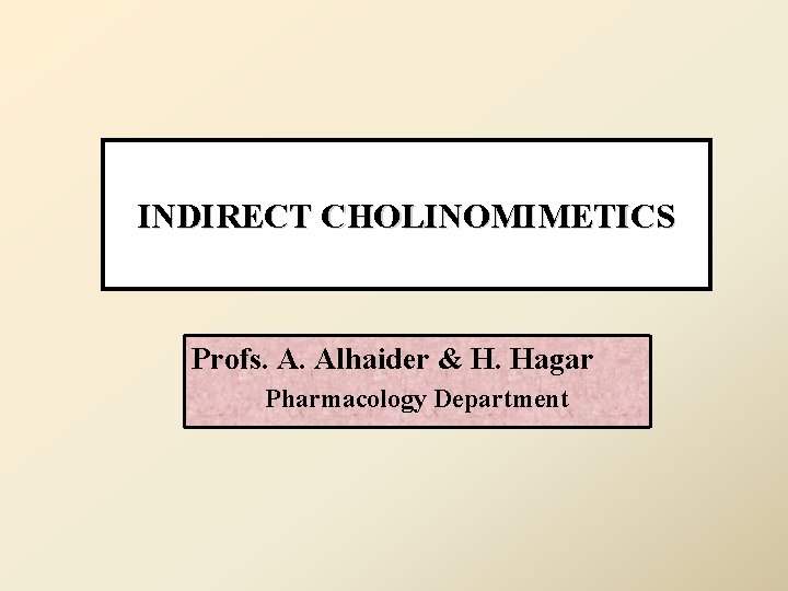 INDIRECT CHOLINOMIMETICS Profs. A. Alhaider & H. Hagar Pharmacology Department 