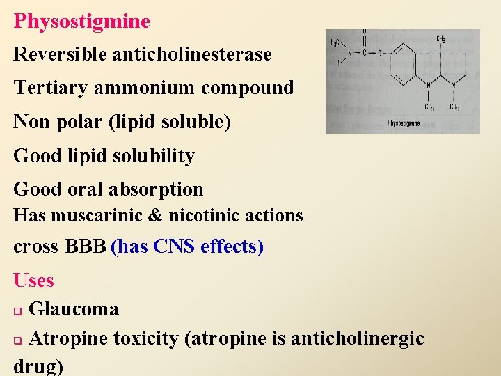 Physostigmine Reversible anticholinesterase Tertiary ammonium compound Non polar (lipid soluble) Good lipid solubility Good