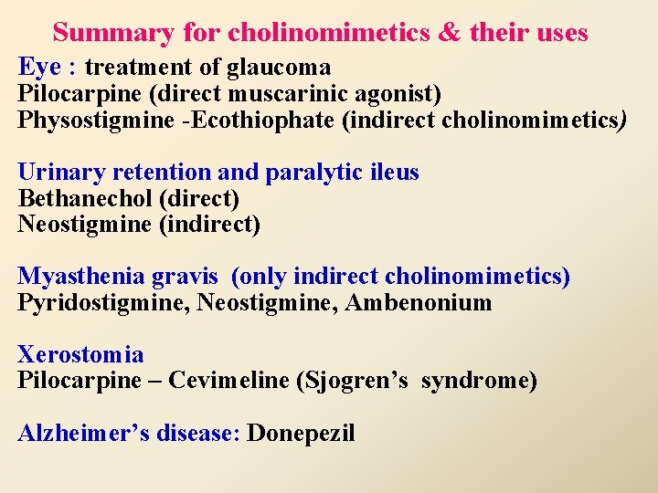 Summary for cholinomimetics & their uses Eye : treatment of glaucoma Pilocarpine (direct muscarinic