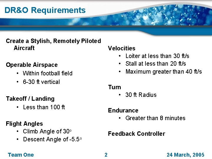 DR&O Requirements Create a Stylish, Remotely Piloted Aircraft Velocities • Loiter at less than