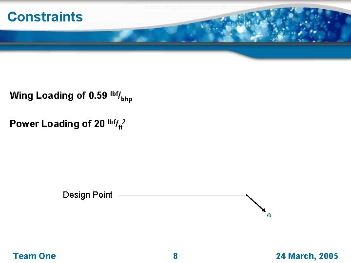 Constraints Wing Loading of 0. 59 lbf/bhp Power Loading of 20 lbf/ft 2 Design