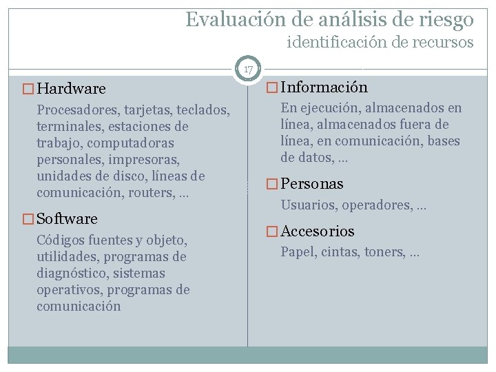 Evaluación de análisis de riesgo identificación de recursos 17 � Hardware Procesadores, tarjetas, teclados,