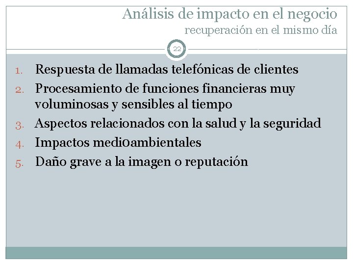 Análisis de impacto en el negocio recuperación en el mismo día 22 1. 2.