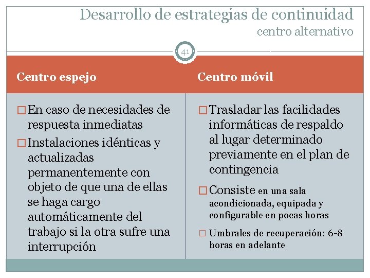 Desarrollo de estrategias de continuidad centro alternativo 41 Centro espejo Centro móvil � En