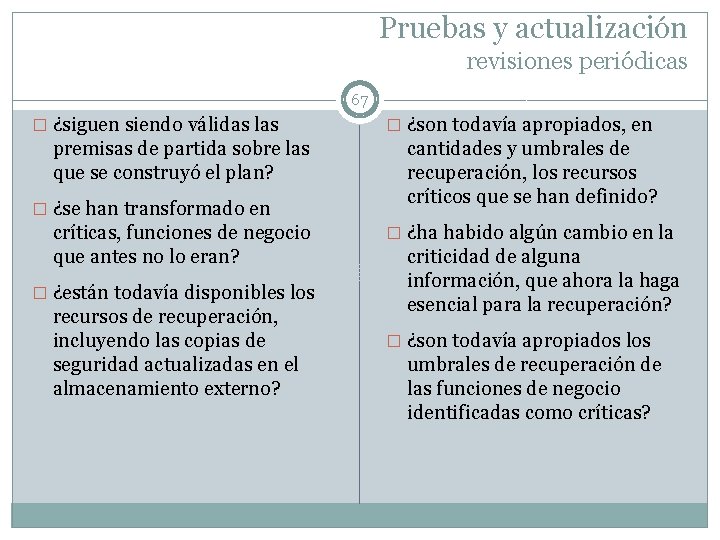 Pruebas y actualización revisiones periódicas 67 � ¿siguen siendo válidas las premisas de partida