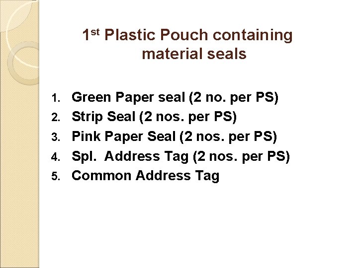 1 st Plastic Pouch containing material seals 1. 2. 3. 4. 5. Green Paper