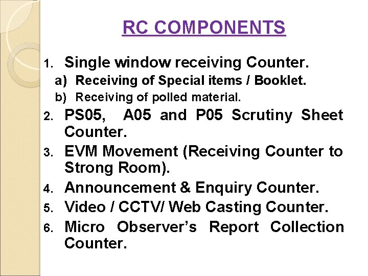 RC COMPONENTS 1. Single window receiving Counter. a) Receiving of Special items / Booklet.