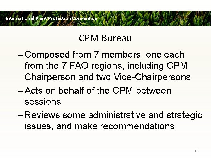 International Plant Protection Convention CPM Bureau – Composed from 7 members, one each from