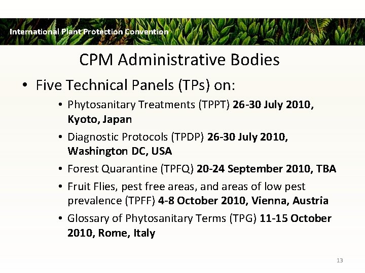 International Plant Protection Convention CPM Administrative Bodies • Five Technical Panels (TPs) on: •