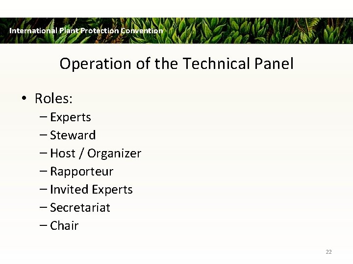 International Plant Protection Convention Operation of the Technical Panel • Roles: − Experts −