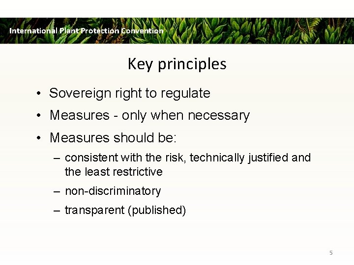 International Plant Protection Convention Key principles • Sovereign right to regulate • Measures -