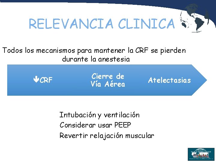 RELEVANCIA CLINICA Todos los mecanismos para mantener la CRF se pierden durante la anestesia RELEVANCIA CLINICA Todos los mecanismos para mantener la CRF se pierden durante la anestesia