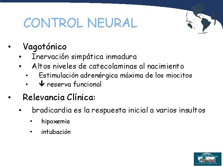 CONTROL NEURAL Vagotónico • Inervación simpática inmadura Altos niveles de catecolaminas al nacimiento •