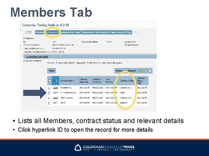 Members Tab • Lists all Members, contract status and relevant details • Click hyperlink