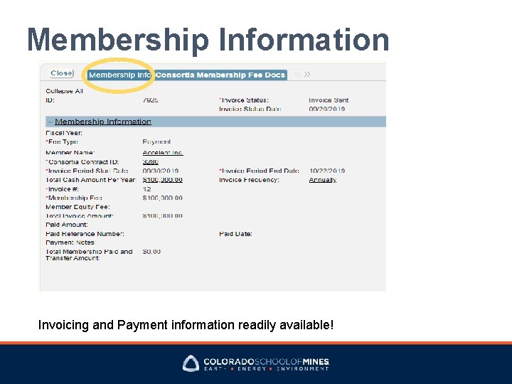 Membership Information Invoicing and Payment information readily available! 