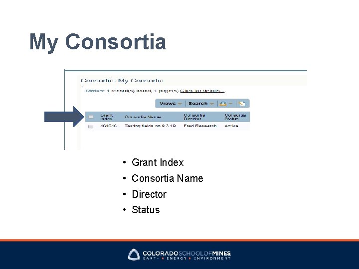 My Consortia • Grant Index • Consortia Name • Director • Status 