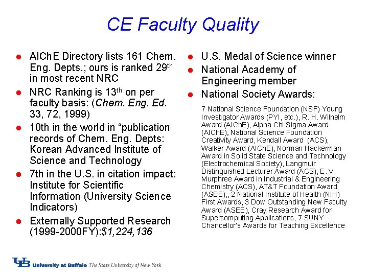 CE Faculty Quality l l l AICh. E Directory lists 161 Chem. Eng. Depts.