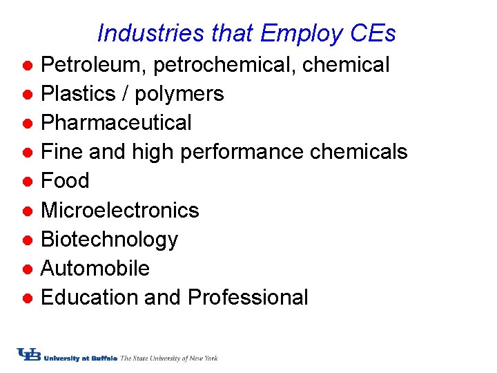 Industries that Employ CEs Petroleum, petrochemical, chemical l Plastics / polymers l Pharmaceutical l