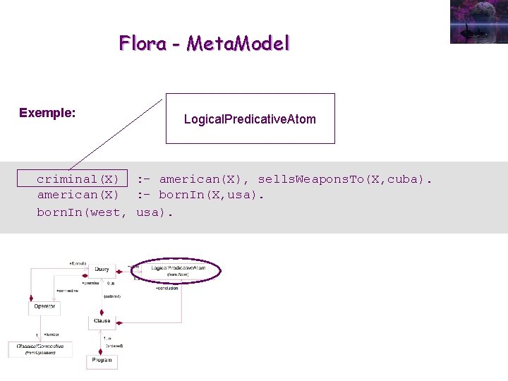 Flora - Meta. Model Exemple: Logical. Predicative. Atom criminal(X) : - american(X), sells. Weapons.