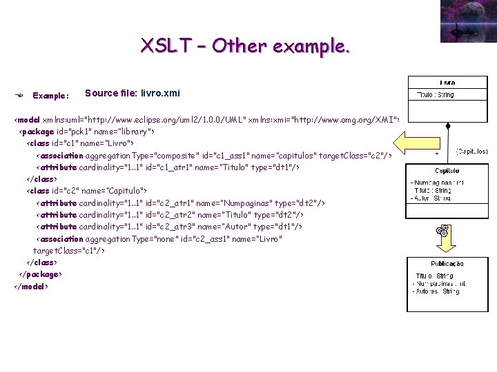 XSLT – Other example. E Example: Source file: livro. xmi <model xmlns: uml="http: //www.