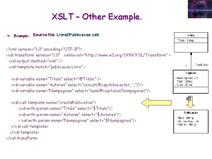 XSLT – Other Example. E Example: Source file: Livro 2 Publicacao. xslt <? xml