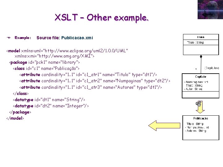 XSLT – Other example. E Example: Source file: Publicacao. xmi <model xmlns: uml="http: //www.