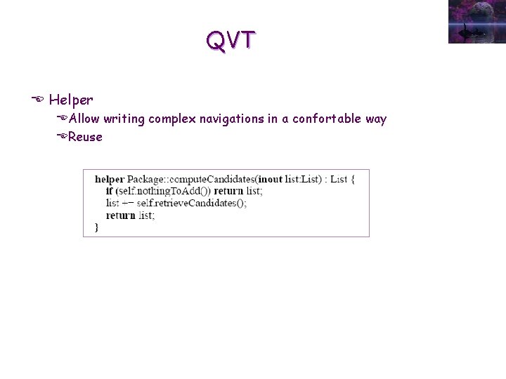 QVT E Helper EAllow writing complex navigations in a confortable way EReuse 