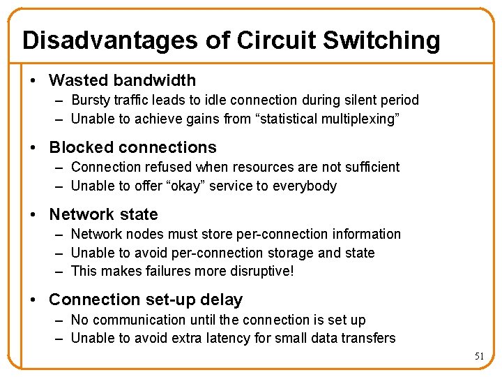 Disadvantages of Circuit Switching • Wasted bandwidth – Bursty traffic leads to idle connection