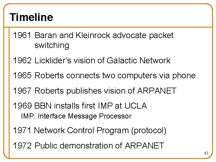 Timeline 1961 Baran and Kleinrock advocate packet switching 1962 Licklider’s vision of Galactic Network