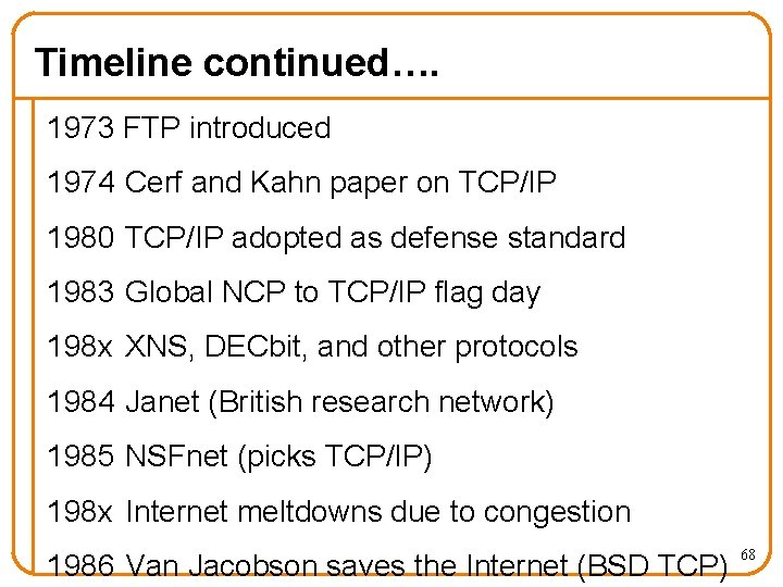 Timeline continued…. 1973 FTP introduced 1974 Cerf and Kahn paper on TCP/IP 1980 TCP/IP