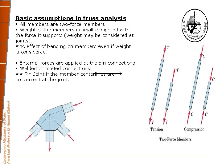 Basic assumptions in truss analysis • All members are two-force members • Weight of