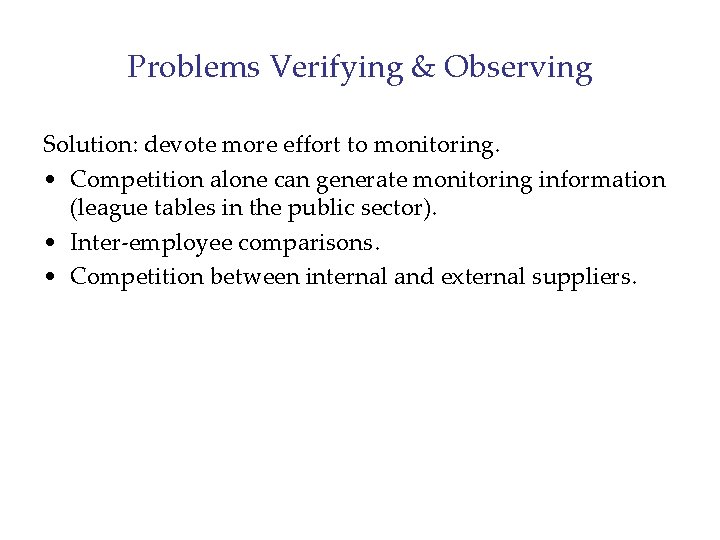 Problems Verifying & Observing Solution: devote more effort to monitoring. • Competition alone can