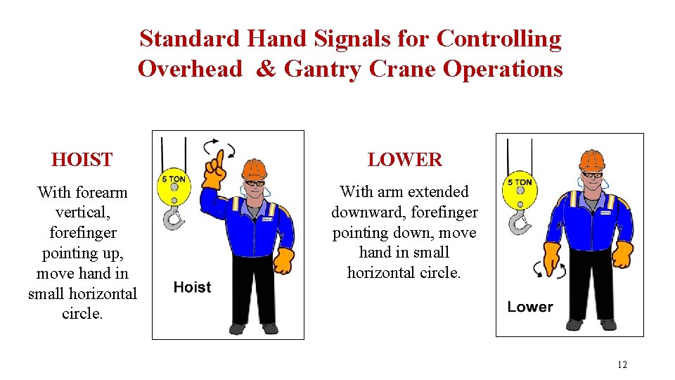 Standard Hand Signals for Controlling Overhead & Gantry Crane Operations HOIST LOWER With forearm