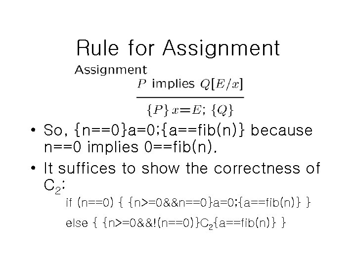 Rule for Assignment • So, {n==0}a=0; {a==fib(n)} because n==0 implies 0==fib(n). • It suffices