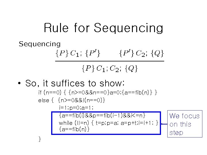 Rule for Sequencing • So, it suffices to show: if (n==0) { {n>=0&&n==0}a=0; {a==fib(n)}